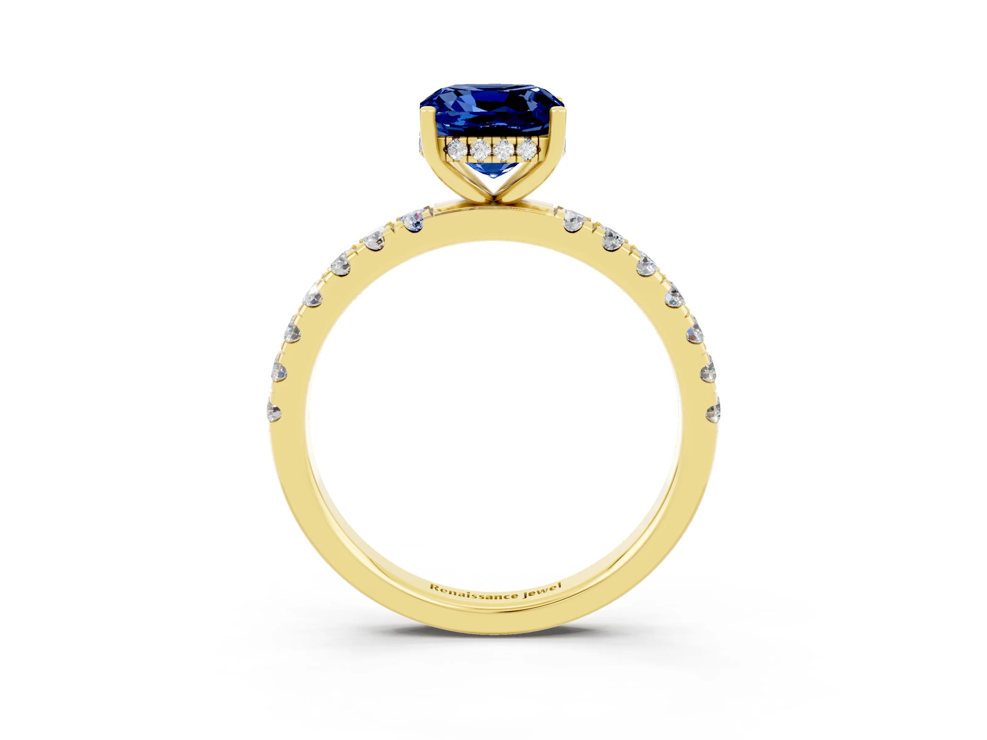 Yellow gold Cushion Cut Blue Sapphire Pave Band Solitaire Ring with Four-Prong Setting_27