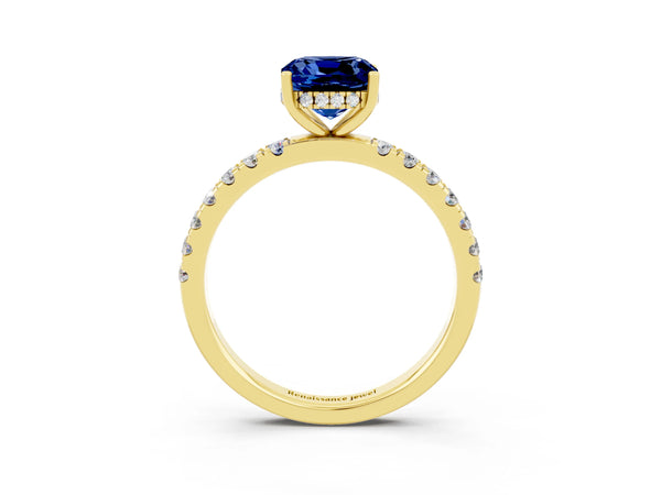 Yellow gold Cushion Cut Blue Sapphire Pave Band Solitaire Ring with Round  and Prong Setting
