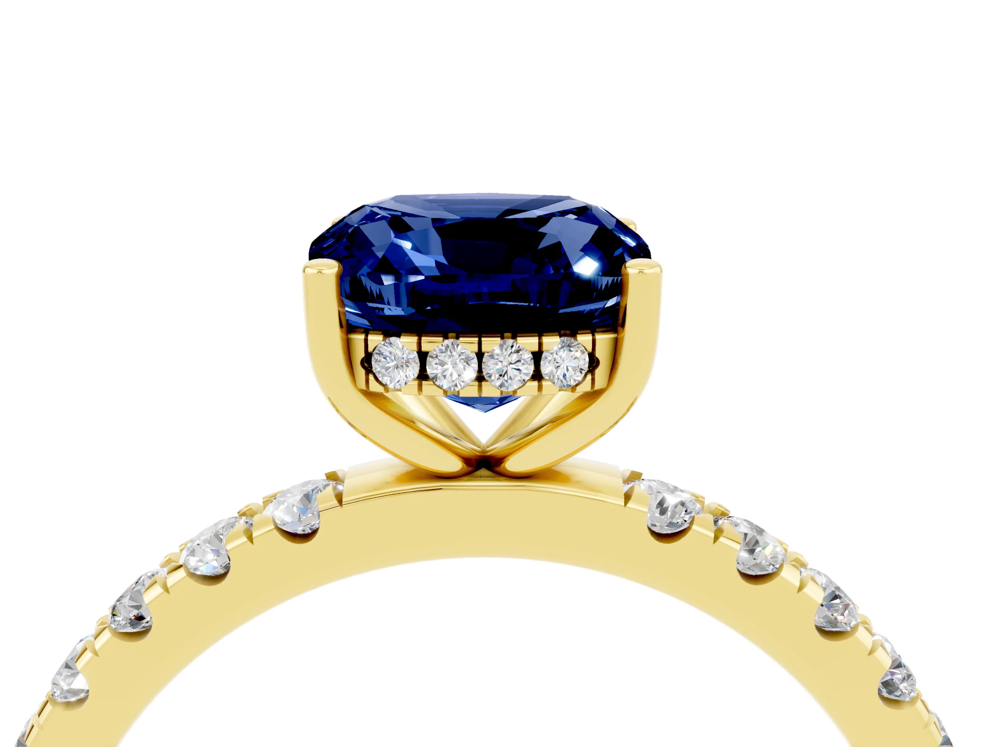 Yellow gold Cushion Cut Blue Sapphire Pave Band Solitaire Ring with Four-Prong Setting_28
