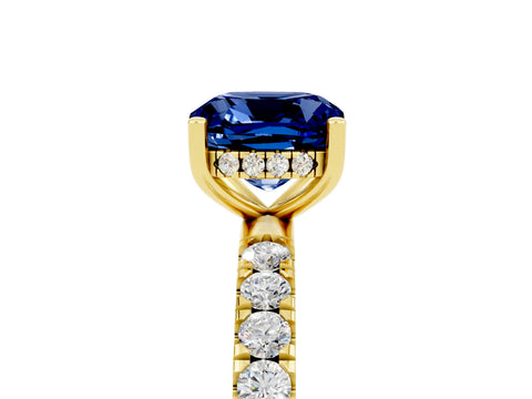 Yellow gold Cushion Cut Blue Sapphire Pave Band Solitaire Ring with Four-Prong Setting_29