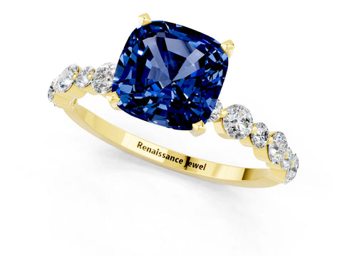Yellow gold Cushion Cut Blue Sapphire Prong Set Engagement Ring with Pavé Band_1