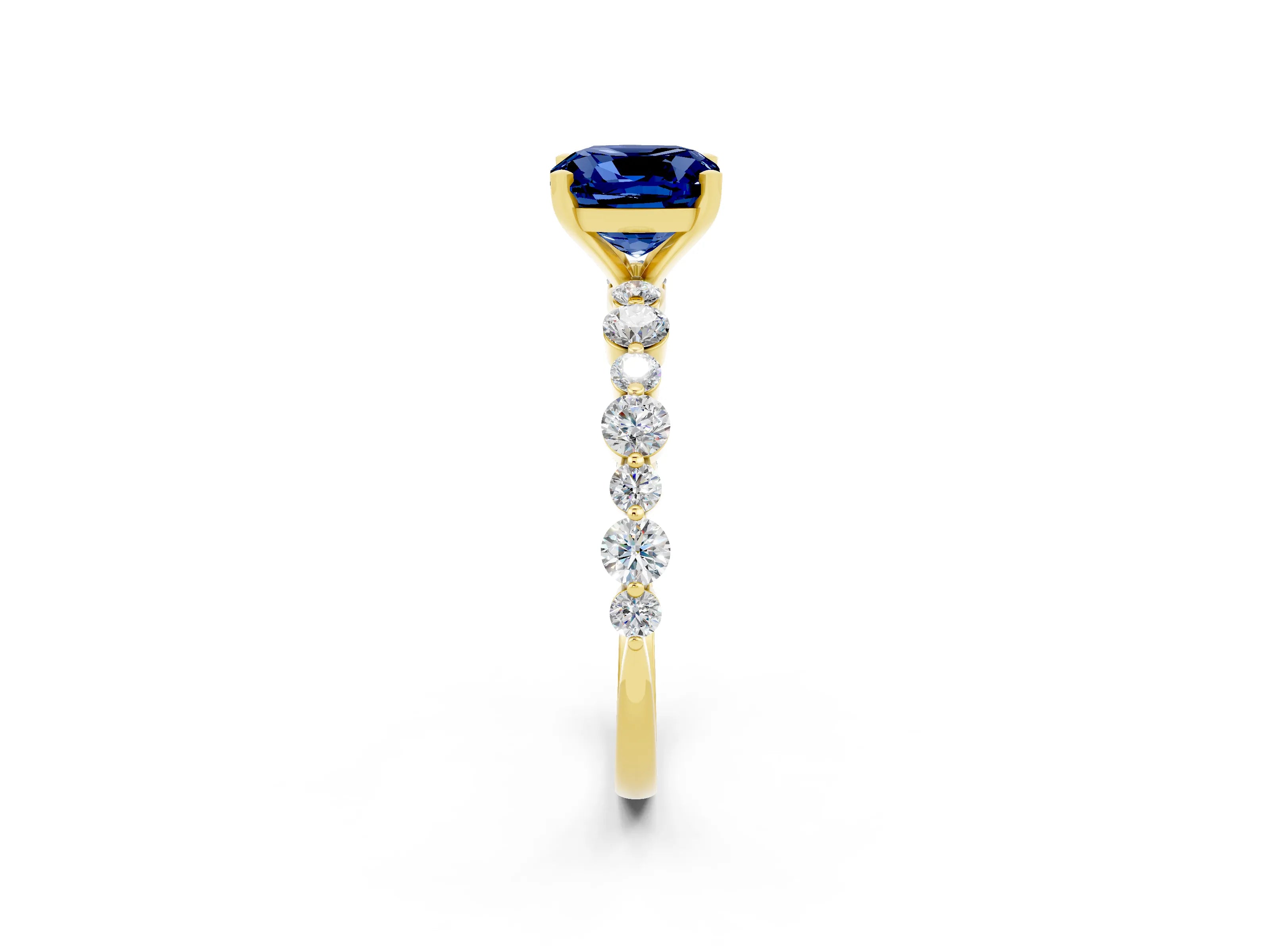 Yellow gold Cushion Cut Blue Sapphire Prong Set Engagement Ring with Pavé Band_2
