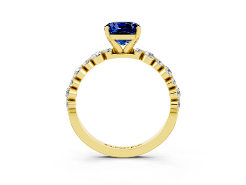 Yellow gold Cushion Cut Blue Sapphire Prong Set Engagement Ring with Pavé Band_3