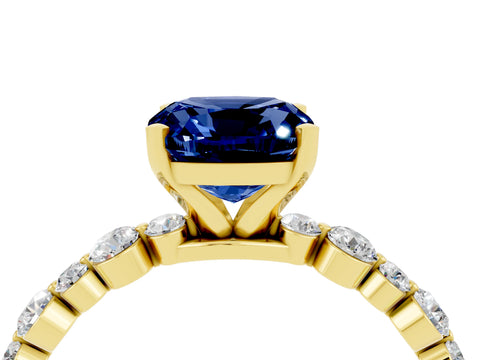 Yellow gold Cushion Cut Blue Sapphire Prong Set Engagement Ring with Pavé Band_4