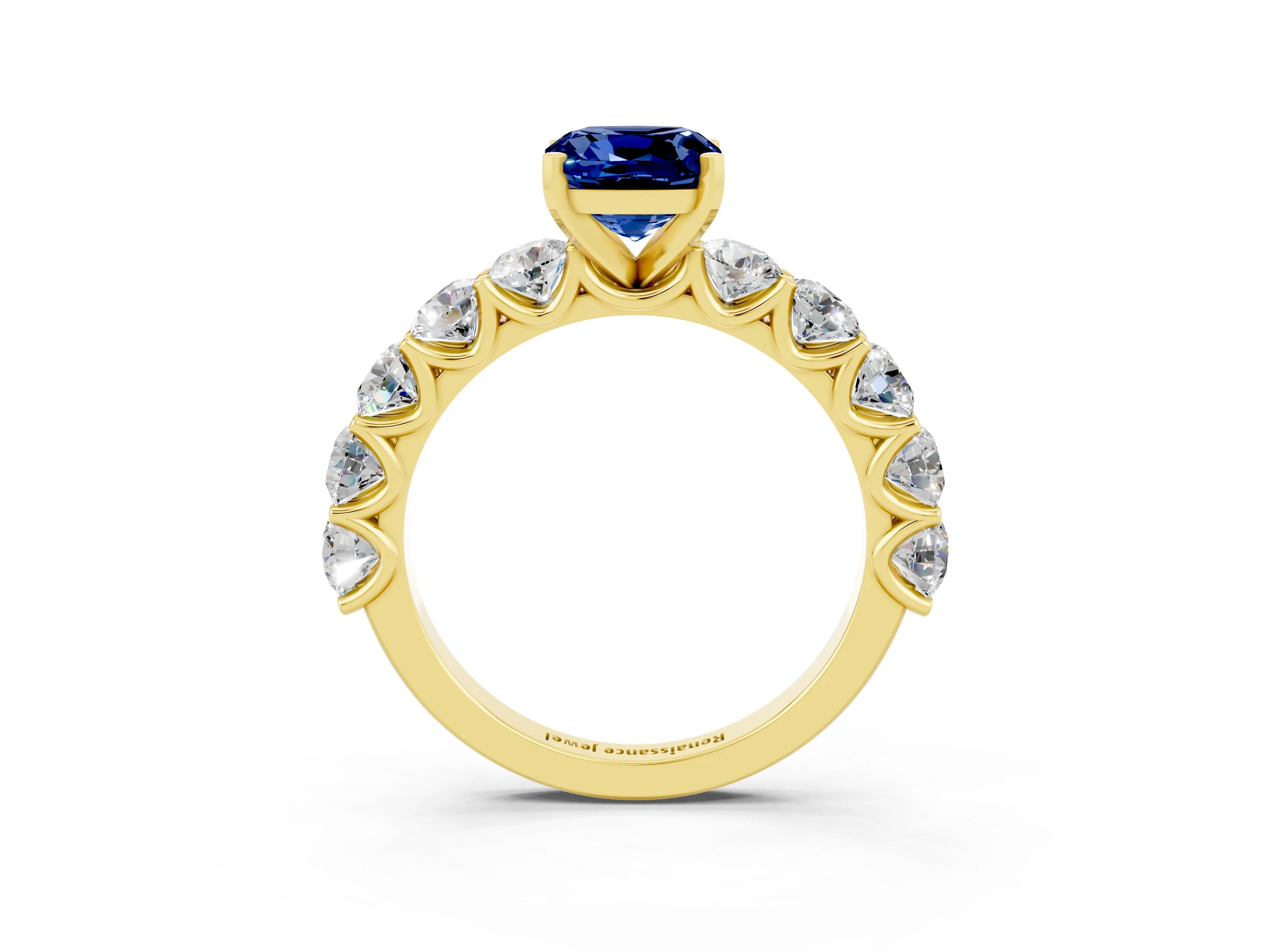 Yellow gold Cushion Cut Blue Sapphire Prong Setting with Side Stones on a Pave Band_3