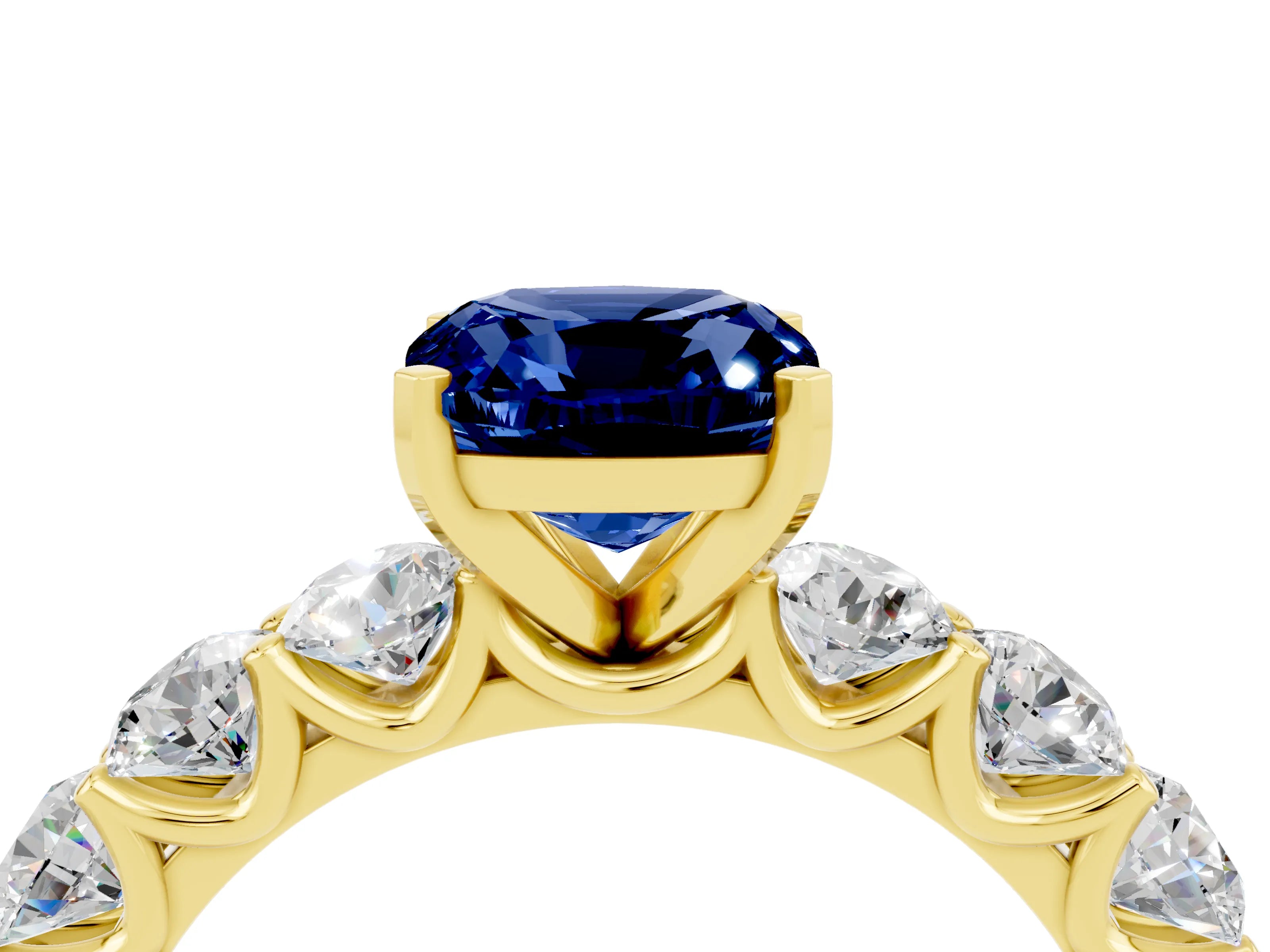 Yellow gold Cushion Cut Blue Sapphire Prong Setting with Side Stones on a Pave Band_4