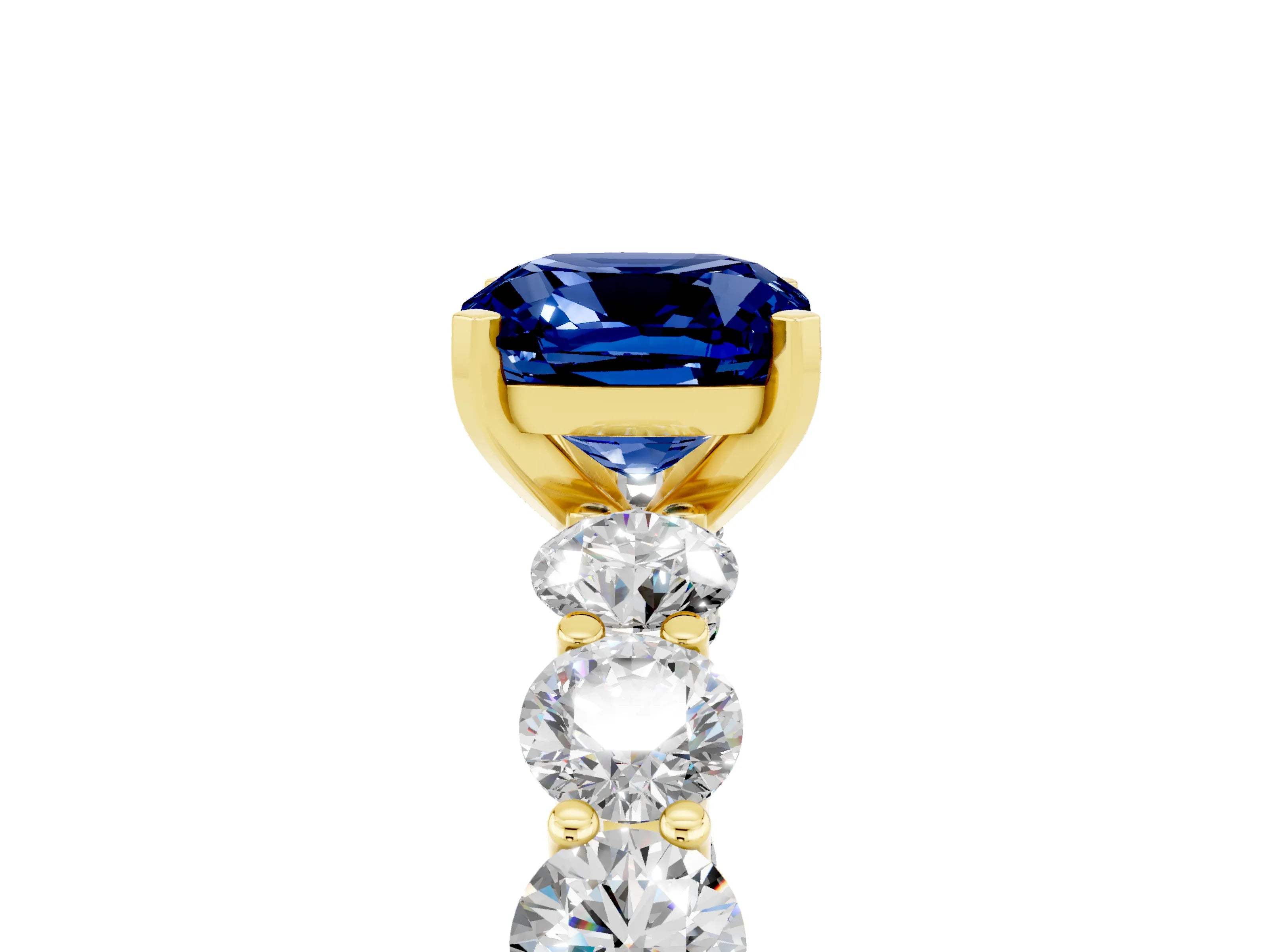 Yellow gold Cushion Cut Blue Sapphire Prong Setting with Side Stones on a Pave Band_5