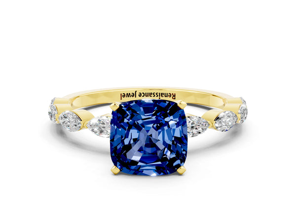Yellow gold Cushion Cut Blue Sapphire Ring with Marquise Side Stones and Prong Setting