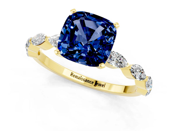 Yellow gold Cushion Cut Blue Sapphire Ring with Marquise Side Stones and Prong Setting