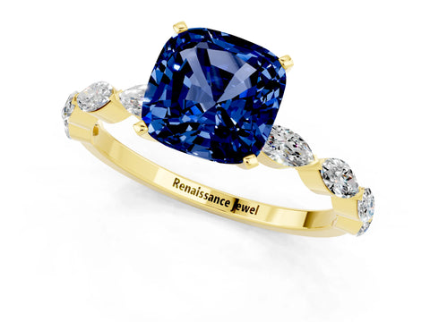 Yellow gold Cushion Cut Blue Sapphire Ring with Marquise Side Stones and Prong Setting_1