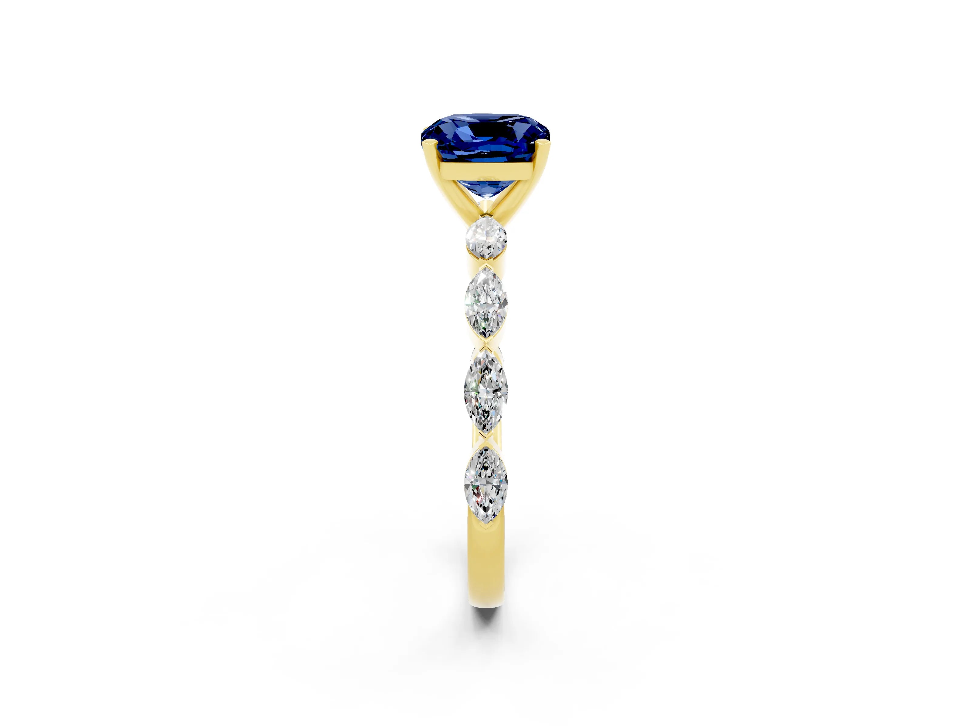 Yellow gold Cushion Cut Blue Sapphire Ring with Marquise Side Stones and Prong Setting_2