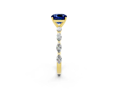 Yellow gold Cushion Cut Blue Sapphire Ring with Marquise Side Stones and Prong Setting_2
