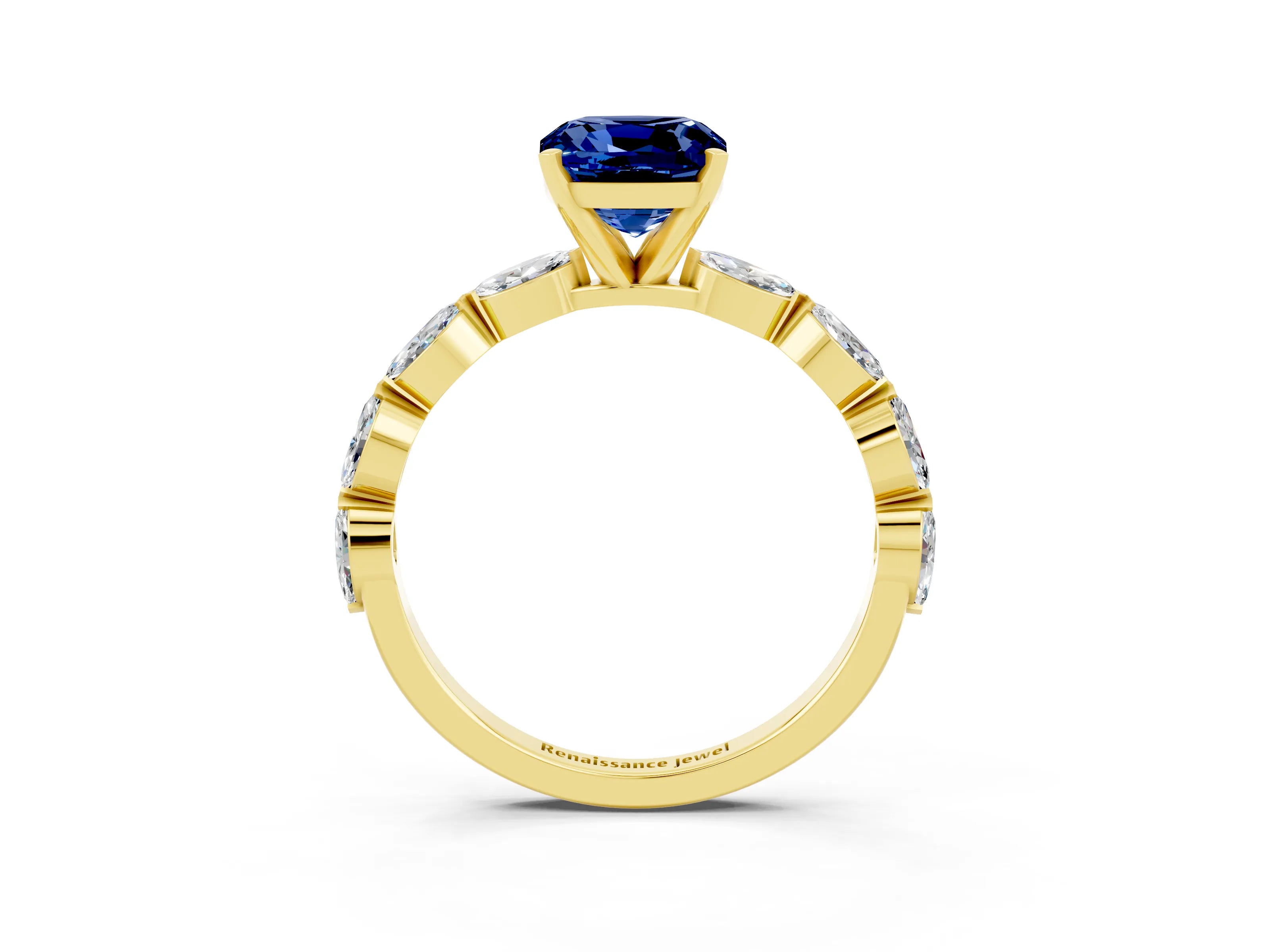 Yellow gold Cushion Cut Blue Sapphire Ring with Marquise Side Stones and Prong Setting_3