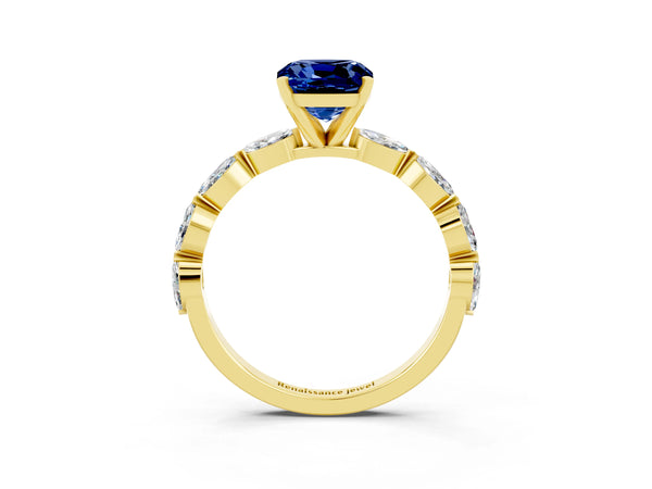 Yellow gold Cushion Cut Blue Sapphire Ring with Marquise Side Stones and Prong Setting