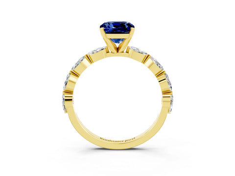 Yellow gold Cushion Cut Blue Sapphire Ring with Marquise Side Stones and Prong Setting_3