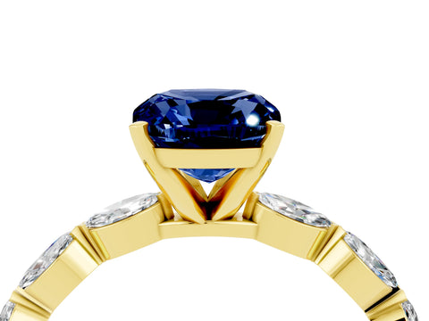 Yellow gold Cushion Cut Blue Sapphire Ring with Marquise Side Stones and Prong Setting_4