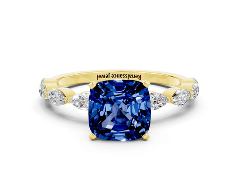 Yellow gold Cushion Cut Blue Sapphire Ring with Marquise Side Stones and Prong Setting