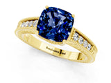 Yellow gold Cushion Cut Blue Sapphire Ring with Milgrain Pavé Band and Four-Prong Setting_13