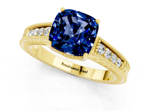Yellow gold Cushion Cut Blue Sapphire Ring with Milgrain Pavé Band and Four-Prong Setting_13