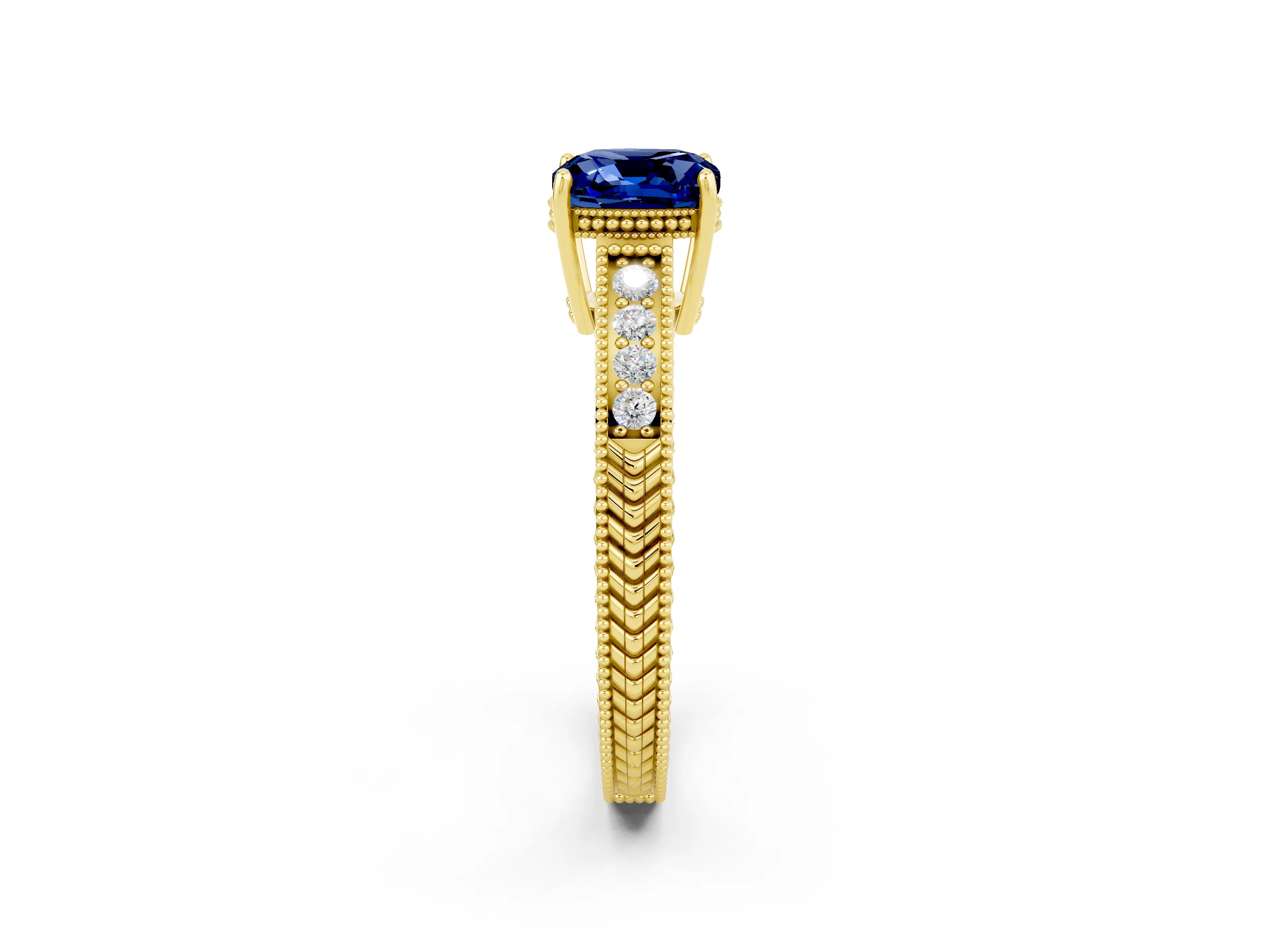 Yellow gold Cushion Cut Blue Sapphire Ring with Milgrain Pavé Band and Four-Prong Setting_14