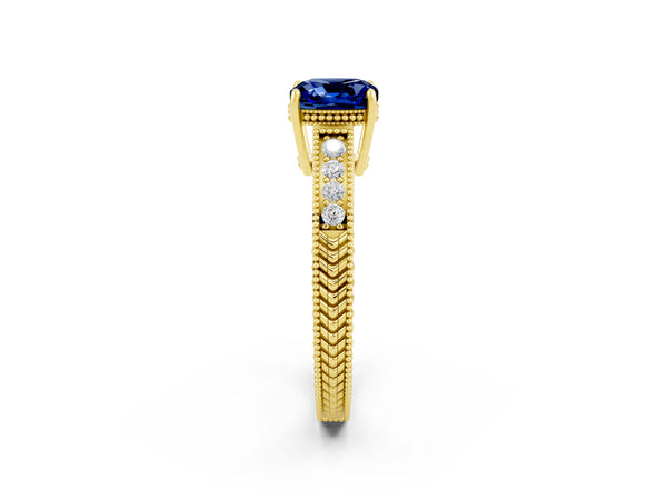 Yellow gold Cushion Cut Blue Sapphire Ring with Milgrain Pavé Band and Four-Prong Setting