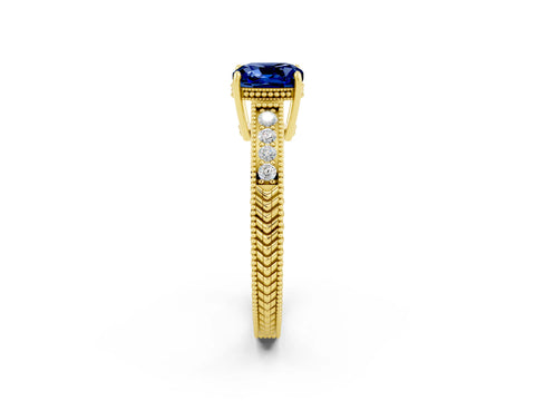 Yellow gold Cushion Cut Blue Sapphire Ring with Milgrain Pavé Band and Four-Prong Setting_14