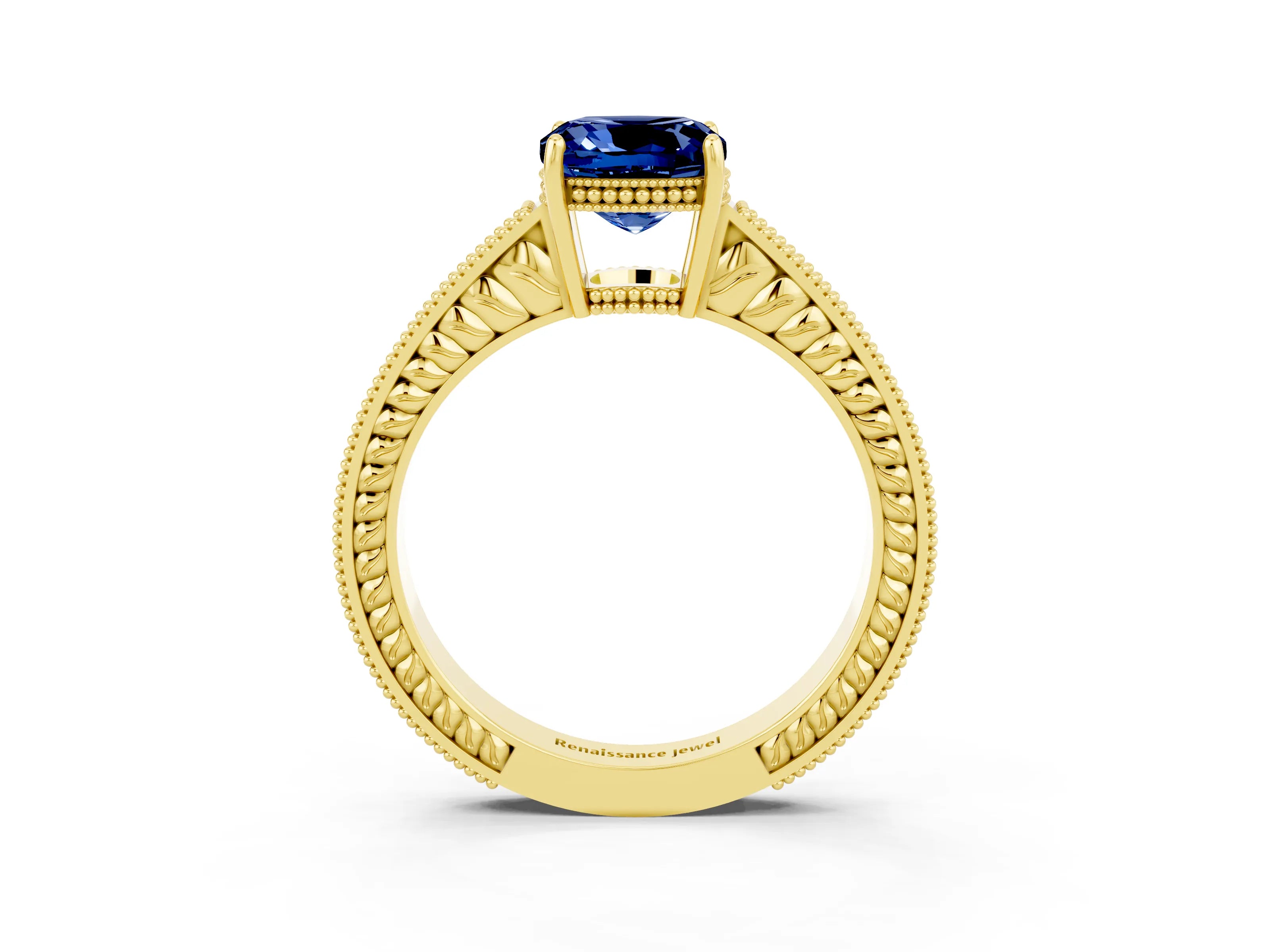 Yellow gold Cushion Cut Blue Sapphire Ring with Milgrain Pavé Band and Four-Prong Setting_15