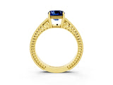 Yellow gold Cushion Cut Blue Sapphire Ring with Milgrain Pavé Band and Four-Prong Setting_15