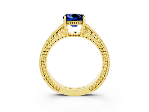 Yellow gold Cushion Cut Blue Sapphire Ring with Milgrain Pavé Band and Four-Prong Setting_15