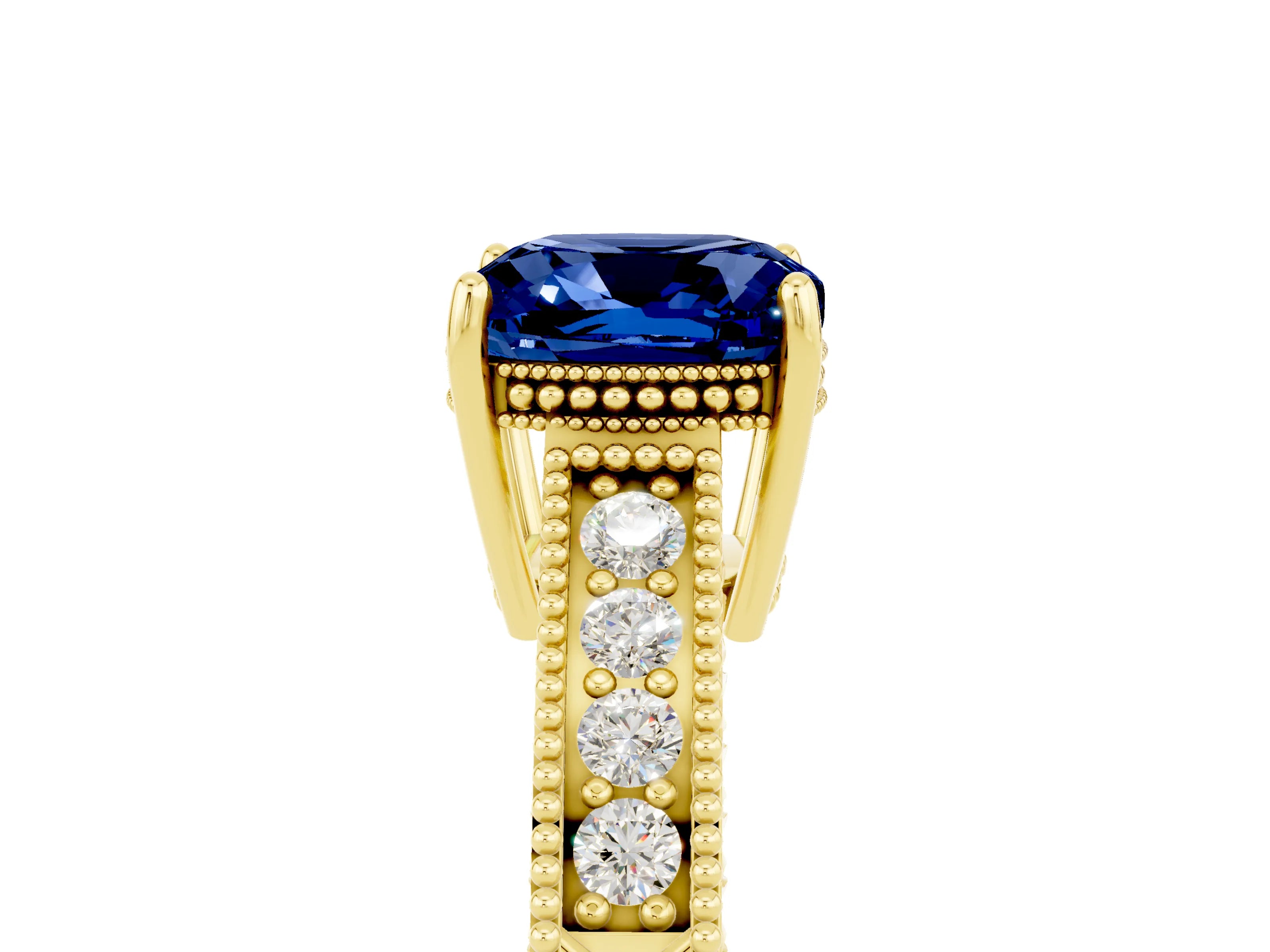 Yellow gold Cushion Cut Blue Sapphire Ring with Milgrain Pavé Band and Four-Prong Setting_17