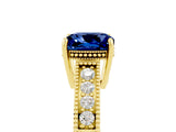 Yellow gold Cushion Cut Blue Sapphire Ring with Milgrain Pavé Band and Four-Prong Setting_17