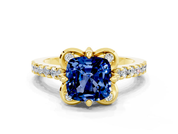 Yellow gold Cushion Cut Blue Sapphire Ring with Pavé Band and Floral Prong Setting