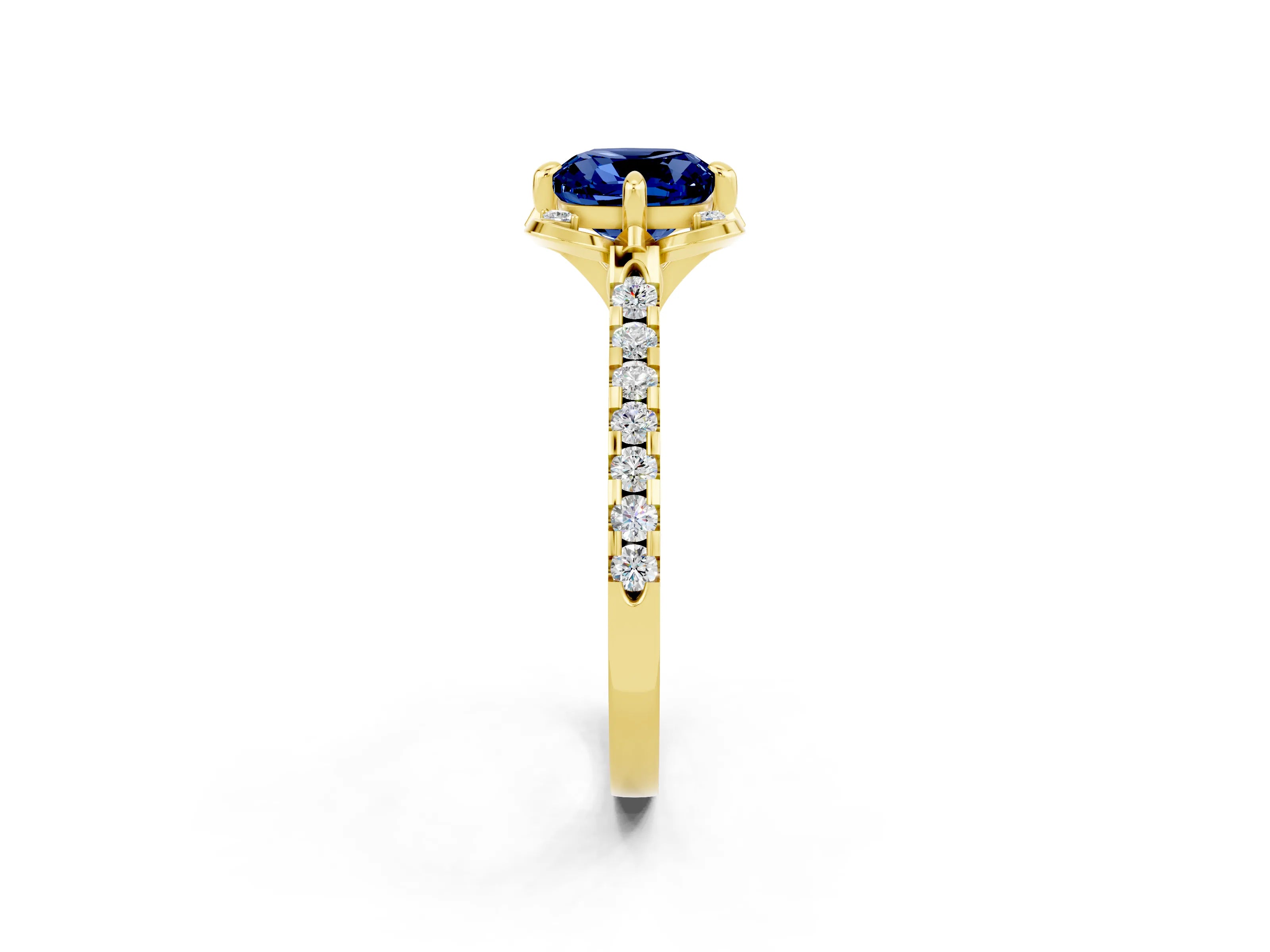 Yellow gold Cushion Cut Blue Sapphire Ring with Pavé Band and Floral Prong Setting_2