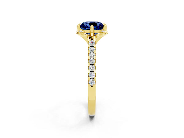Yellow gold Cushion Cut Blue Sapphire Ring with Pavé Band and Floral Prong Setting