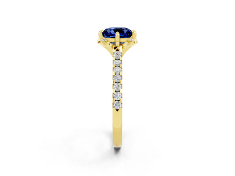 Yellow gold Cushion Cut Blue Sapphire Ring with Pavé Band and Floral Prong Setting_2