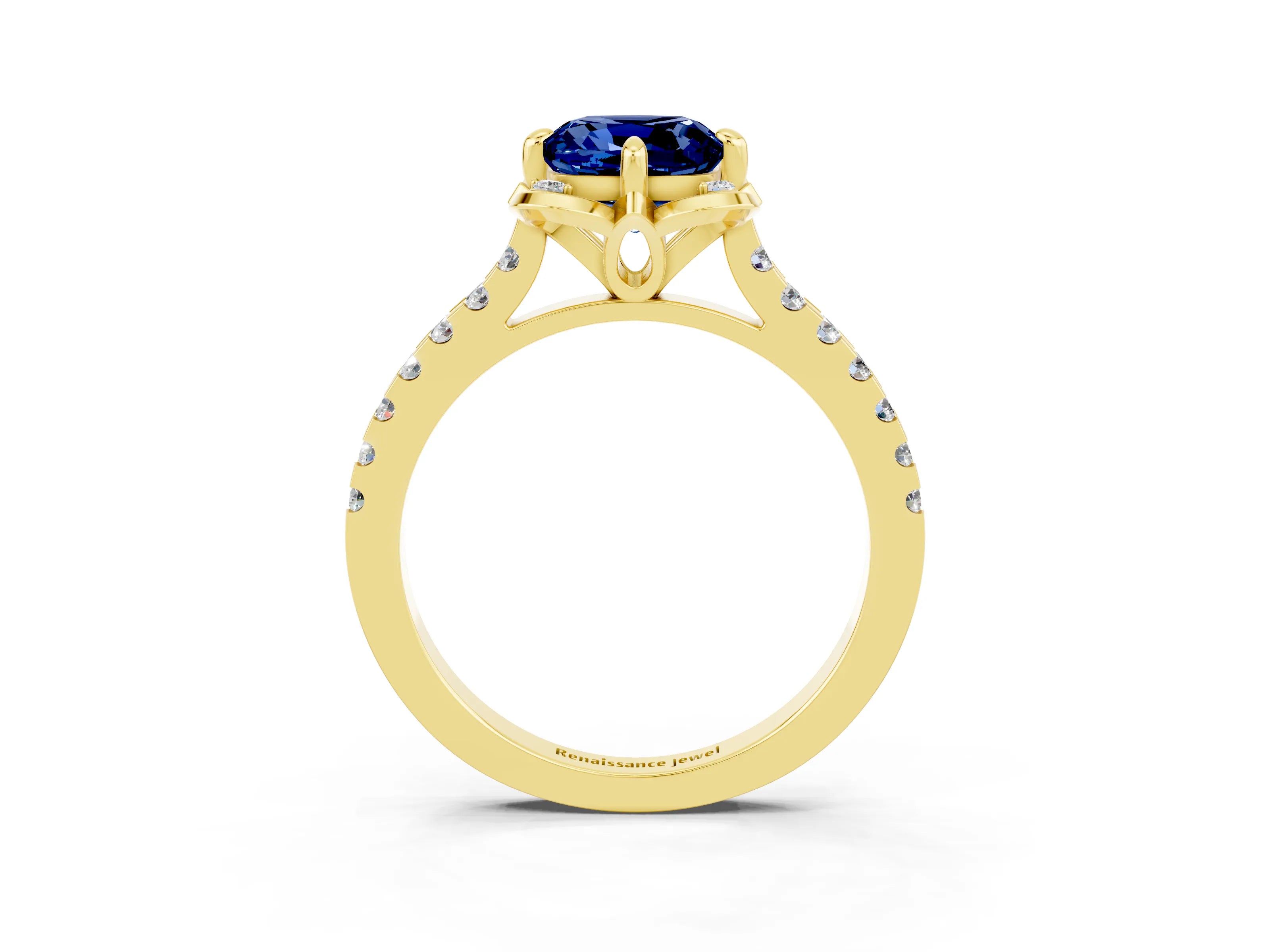 Yellow gold Cushion Cut Blue Sapphire Ring with Pavé Band and Floral Prong Setting_3