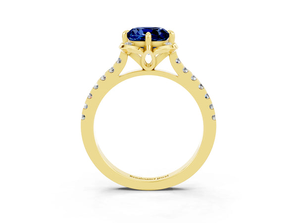 Yellow gold Cushion Cut Blue Sapphire Ring with Pavé Band and Floral Prong Setting
