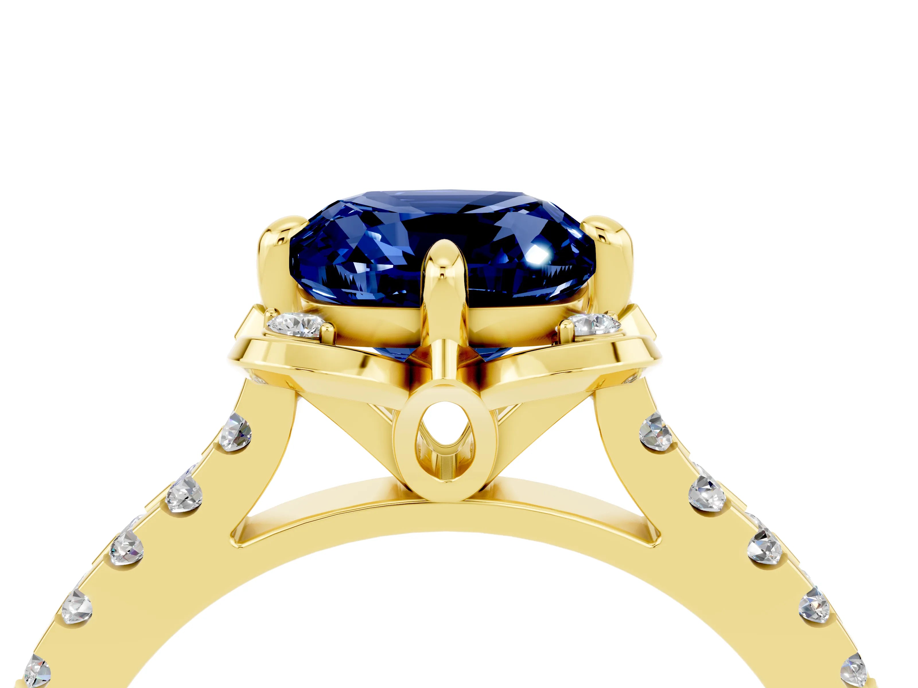 Yellow gold Cushion Cut Blue Sapphire Ring with Pavé Band and Floral Prong Setting_4