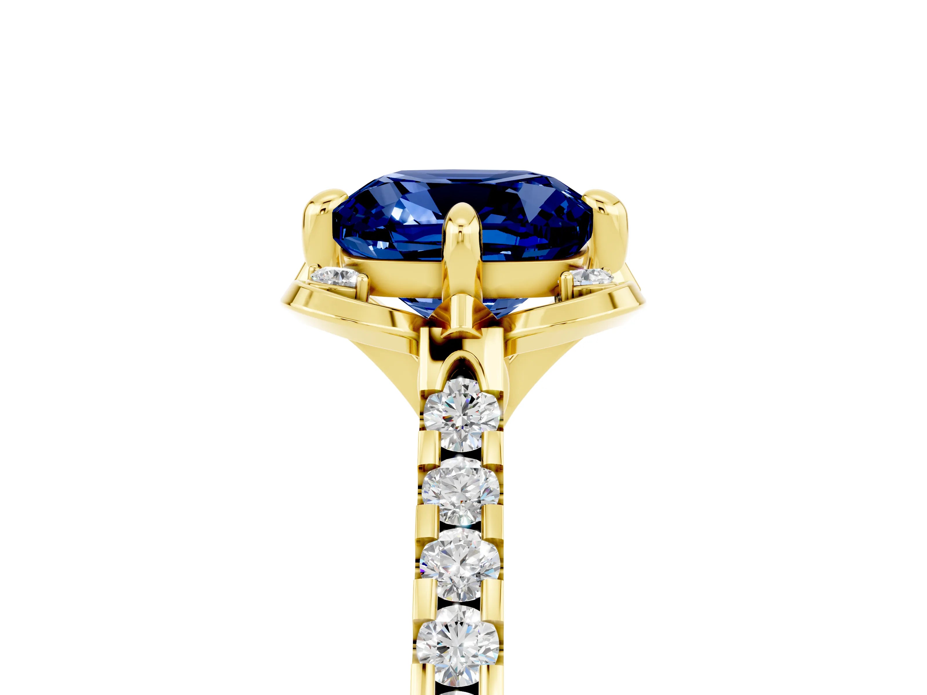 Yellow gold Cushion Cut Blue Sapphire Ring with Pavé Band and Floral Prong Setting_5