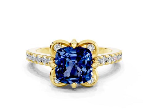 Yellow gold Cushion Cut Blue Sapphire Ring with Pavé Band and Floral Prong Setting