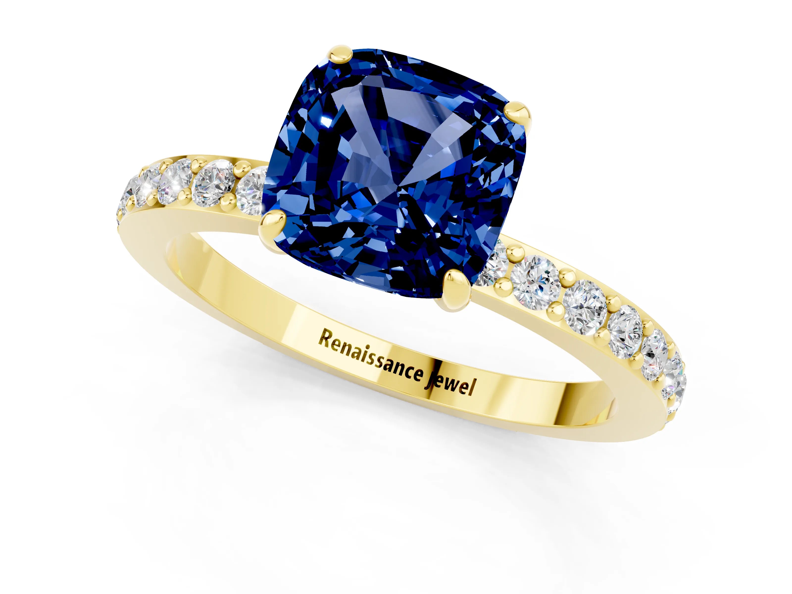 Yellow gold Cushion Cut Blue Sapphire Ring with Pavé Band and Four-Prong Setting_1