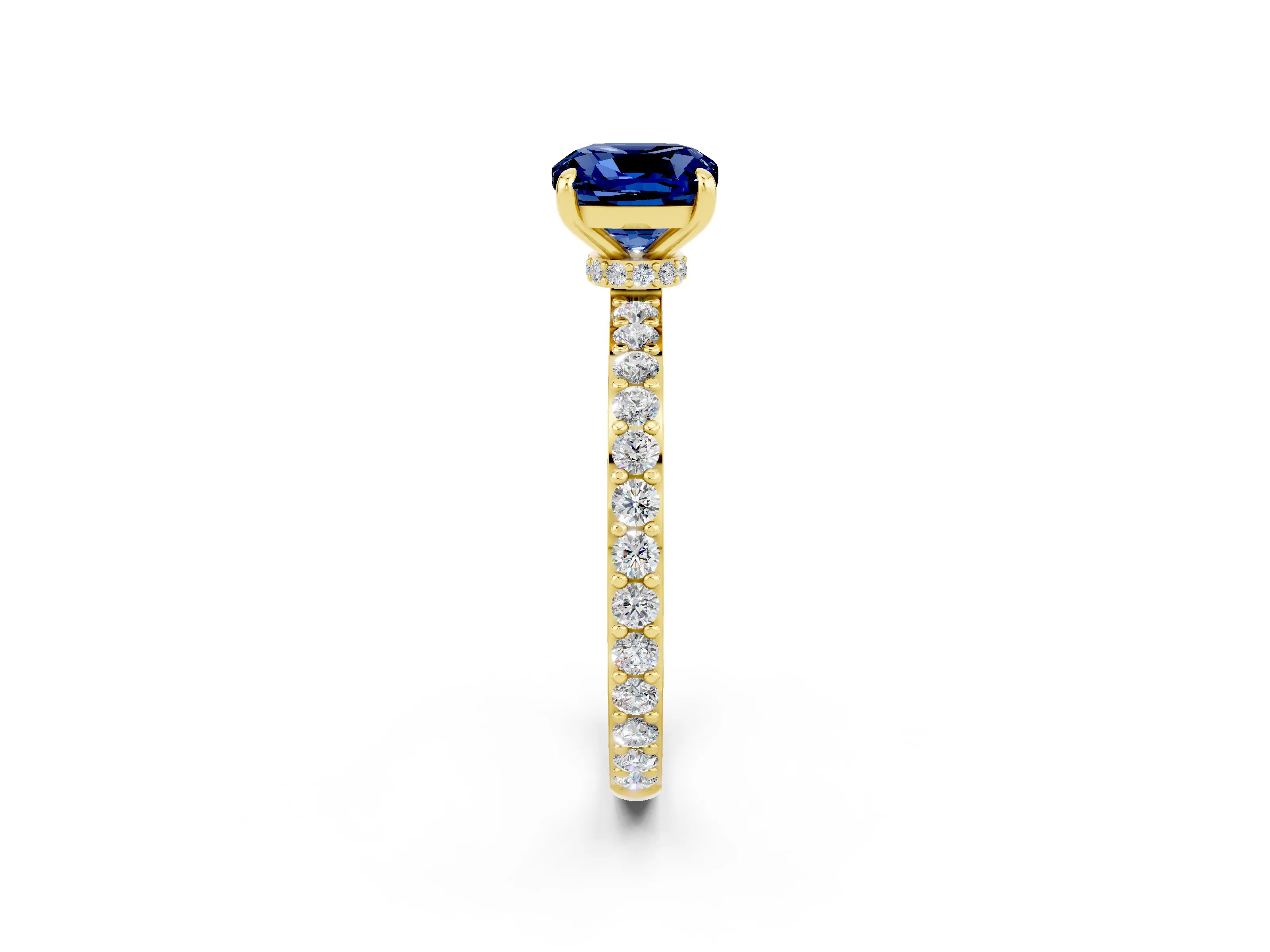 Yellow gold Cushion Cut Blue Sapphire Ring with Pavé Band and Four-Prong Setting_2