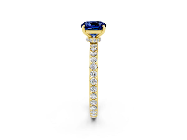 Yellow gold Cushion Cut Blue Sapphire Pavé Engagement Ring with Round  Accents and Prong Setting