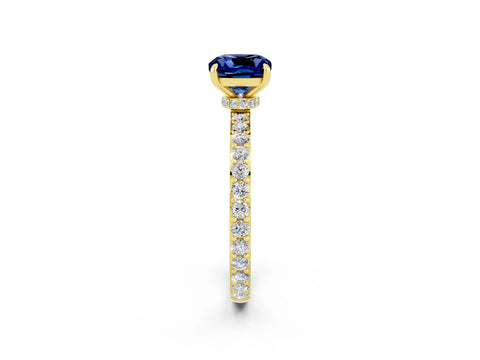 Yellow gold Cushion Cut Blue Sapphire Ring with Pavé Band and Four-Prong Setting_2