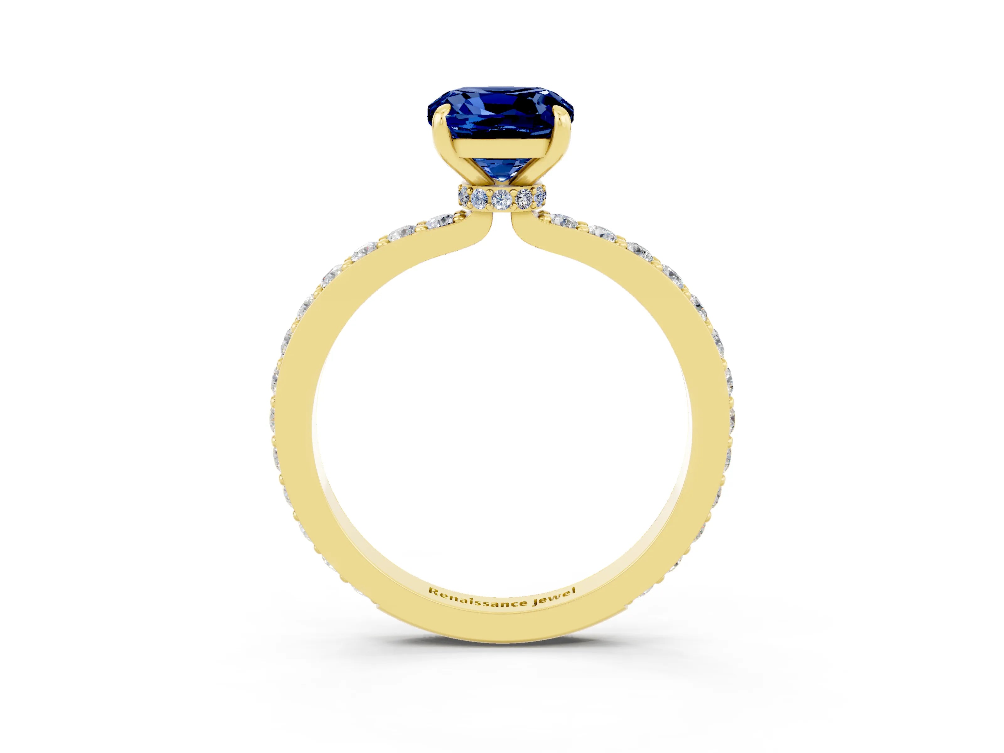 Yellow gold Cushion Cut Blue Sapphire Ring with Pavé Band and Four-Prong Setting_3