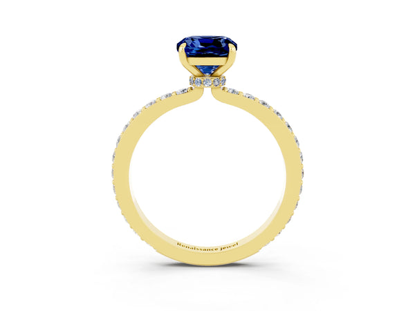 Yellow gold Cushion Cut Blue Sapphire Pavé Engagement Ring with Round  Accents and Prong Setting