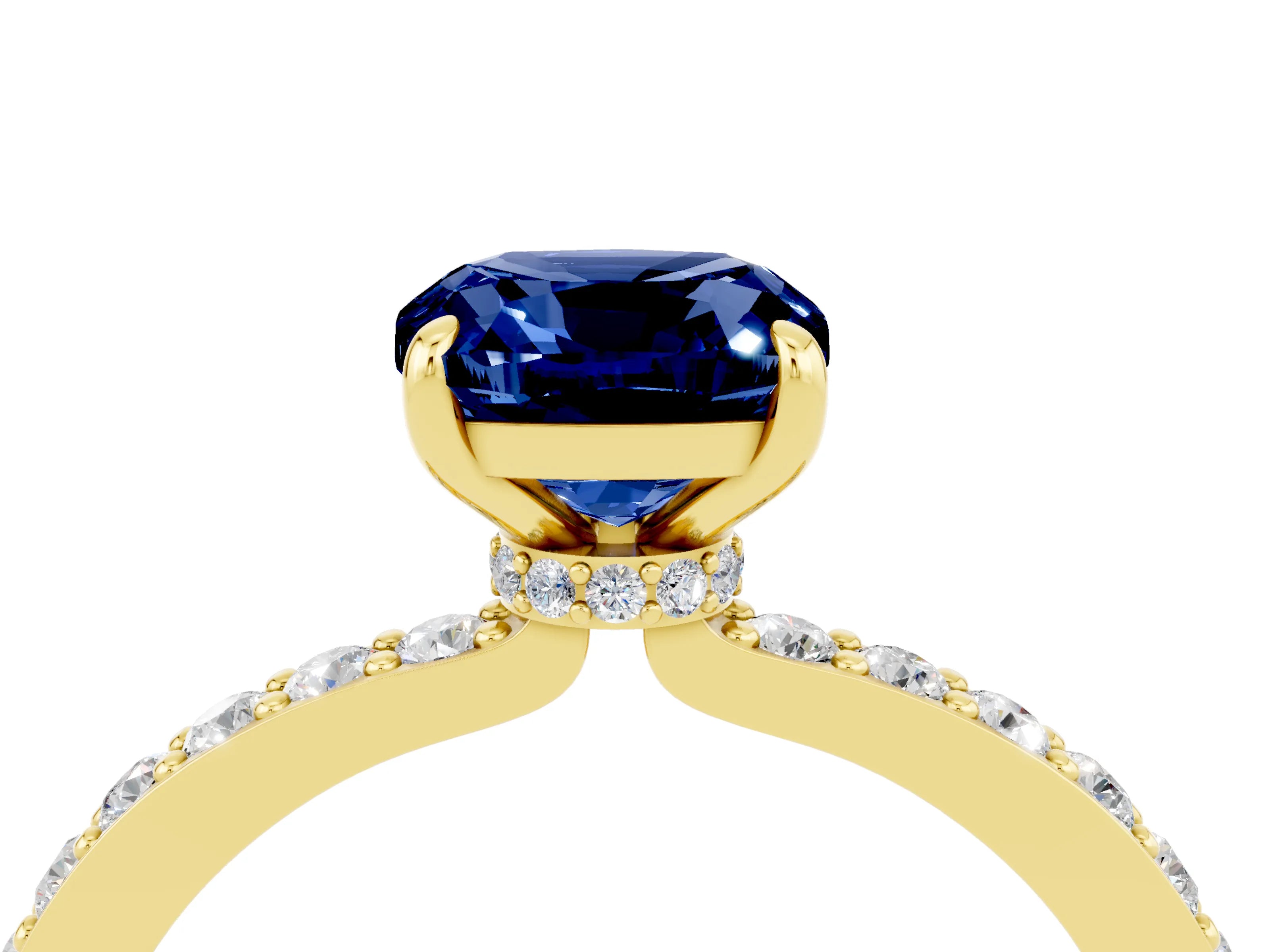 Yellow gold Cushion Cut Blue Sapphire Ring with Pavé Band and Four-Prong Setting_4