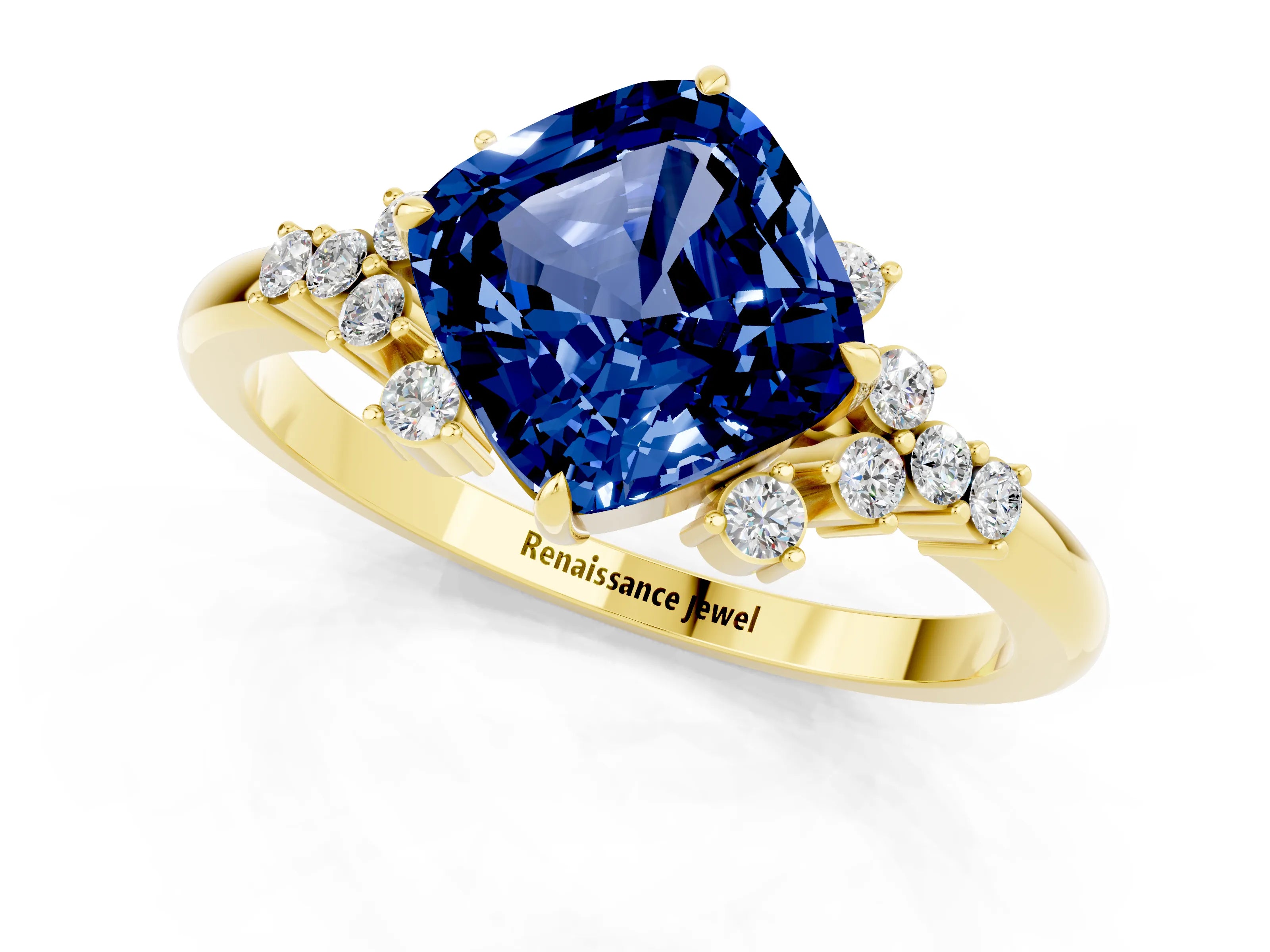 Yellow gold Cushion Cut Blue Sapphire Ring with Side Stones and Four-Prong Setting_37