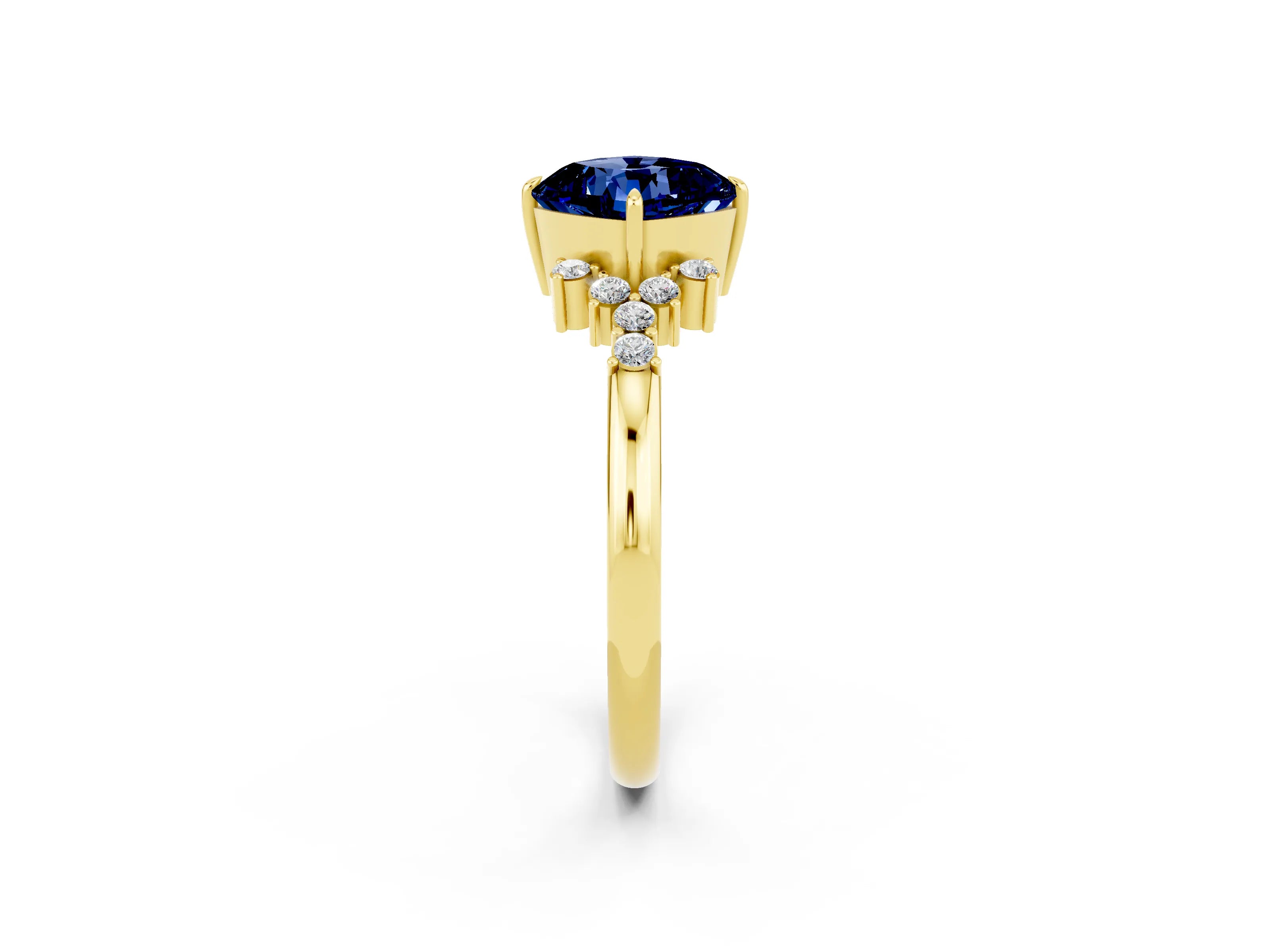 Yellow gold Cushion Cut Blue Sapphire Ring with Side Stones and Four-Prong Setting_38