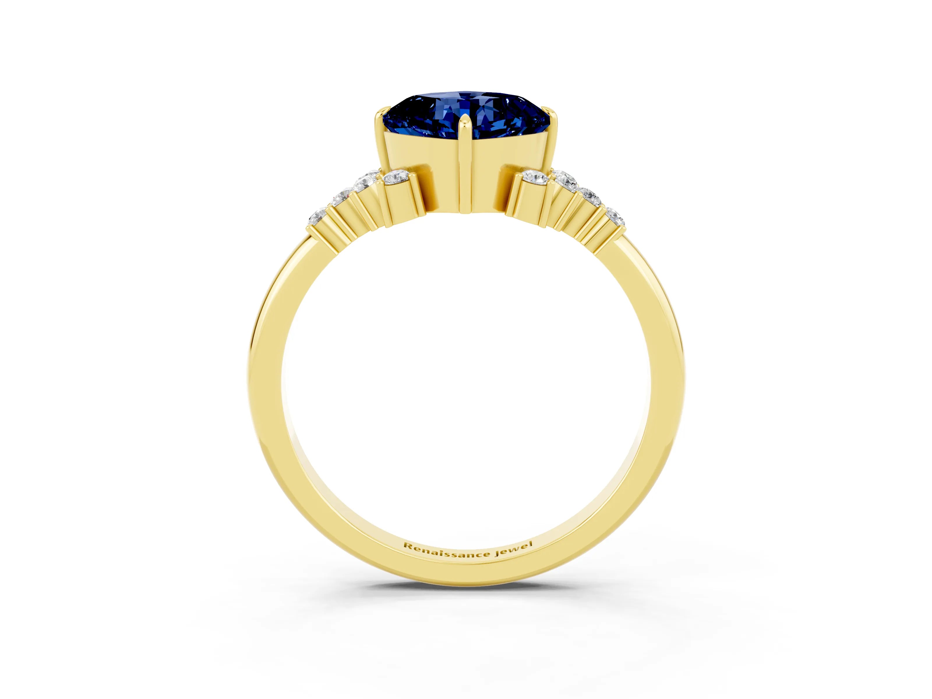 Yellow gold Cushion Cut Blue Sapphire Ring with Side Stones and Four-Prong Setting_39